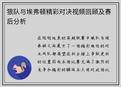 狼队与埃弗顿精彩对决视频回顾及赛后分析